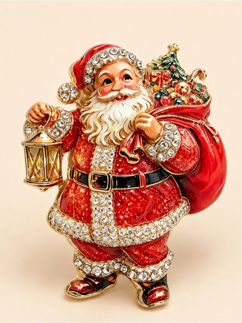 Cute Santa Claus Gold Lantern Holiday Brooch